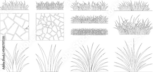 Collection of line of grass patches and stone pavement patterns