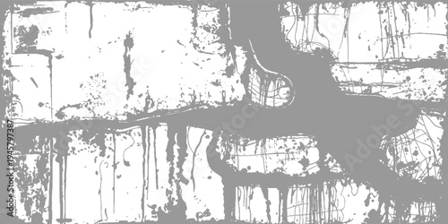 Gray abstract splatters and drips on white background with tangled lines