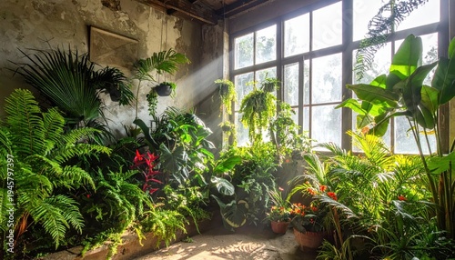 Serene Indoor Garden with Lush Green Plants and Sunlight Rays