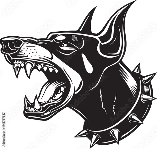 Roaring Doberman Dog Head Aggressive Guard Dog Mascot Black and White Vector Illustration