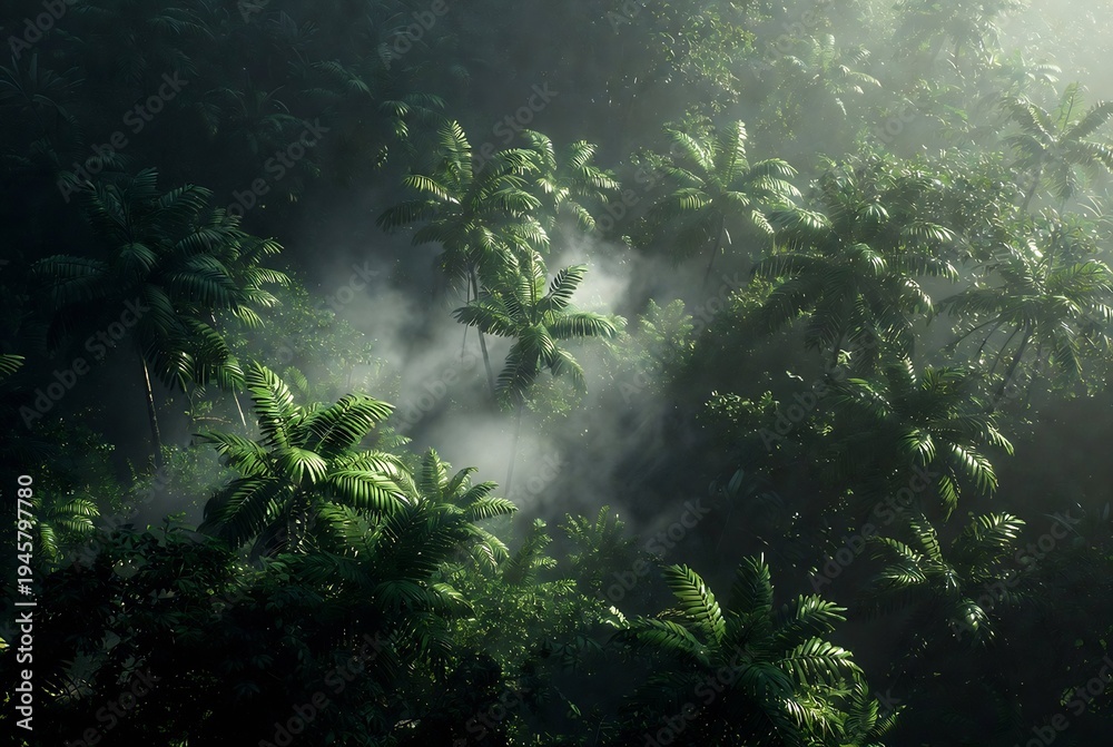 Fototapeta premium Dense tropical forest shrouded in mist.