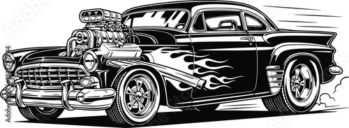 Vintage American Hot Rod Muscle Car with Supercharged Engine and Flame Graphics Hand Drawn Vector