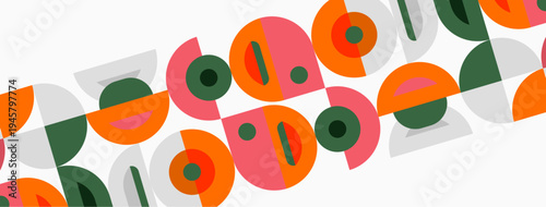Abstract geometric pattern. Circles, squares overlap creating vibrant, midcentury modern aesthetic. Simple shapes, bold colors dominate composition.