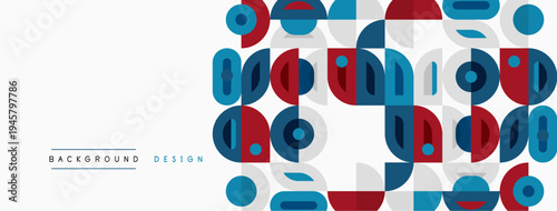 Abstract geometric pattern. Red, blue, gray shapes repeat creating modern design. Minimalist style, clean lines, simple composition.