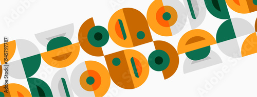 Abstract geometric pattern. Circles, semicircles repeat. Orange, green hues dominate neutral background. Modern design element.