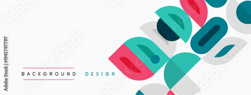 Abstract geometric shapes overlap, creating vibrant background design. Red, teal, gray colors dominate composition. Minimalist aesthetic.