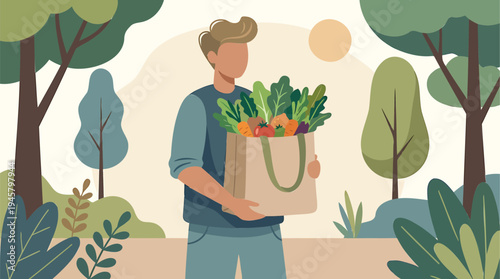 Happy man carrying a reusable bag full of fresh, vibrant, and organic groceries through a serene park setting