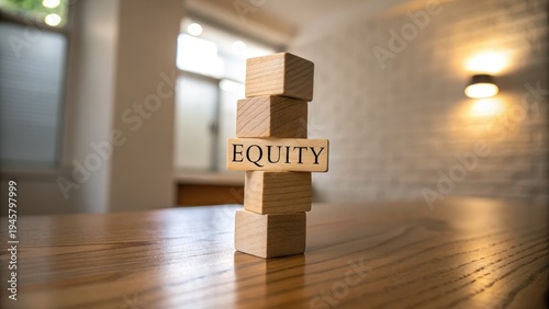 Wooden Blocks Stacked with Equity Word in Modern Office Setting
