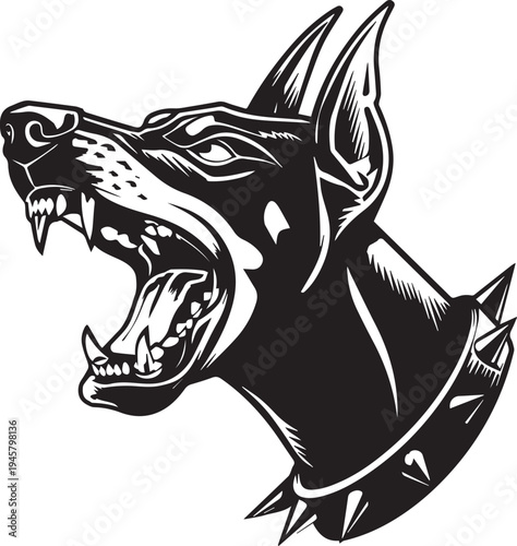 Roaring Doberman Dog Head Aggressive Guard Dog Mascot Black and White Vector Illustration