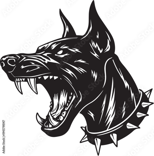 Roaring Doberman Dog Head Aggressive Guard Dog Mascot Black and White Vector Illustration