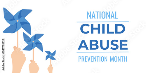 Child abuse prevention awareness poster with blue pinwheel illustration for protection campaign concept. Social month design for safety, education and community support initiatives