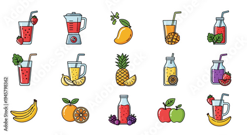 Healthy and Delicious Fruit Smoothies and Blended Drinks: Vector Illustration