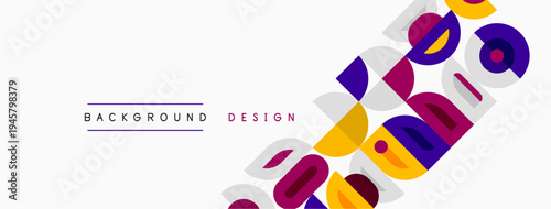 Abstract geometric shapes overlap white space. Colorful circles, rectangles create dynamic visual pattern. Text reads background design.
