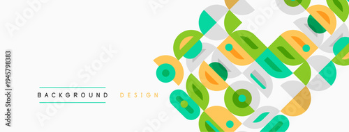 Abstract geometric pattern. Overlapping squares, circles, rectangles create dynamic visual texture. Soft colors dominate design.