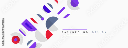 Abstract geometric shapes, vibrant colors, minimalist design. Background features red, purple, gray elements. Clean aesthetic.