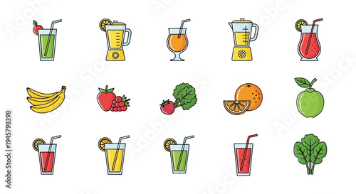 Healthy Food and Drinks Illustration with Fruits, Vegetables, Smoothies, and Blender Icons