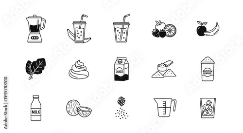 Healthy Smoothie Ingredients Icon Set, Fresh Drinks for Wellness, Black and White Vector