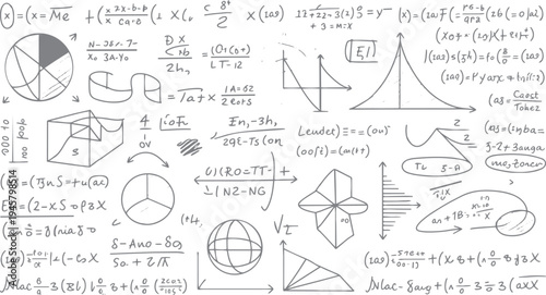 Hand drawn mathematical equations and geometric diagrams on a white background mathematics formula science