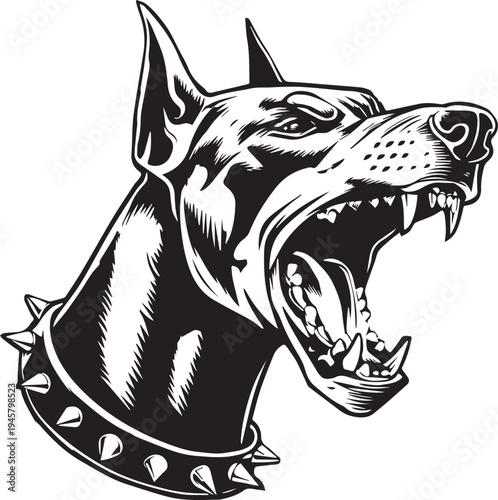 Roaring Doberman Dog Head Aggressive Guard Dog Mascot Black and White Vector Illustration