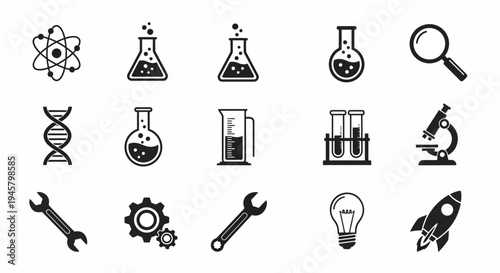 Iconic Illustrations: Science, Research, and Engineering Symbols in Modern Vector Graphics