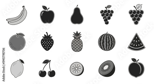 Illustrated collection of various monochrome fruits for design or educational purposes