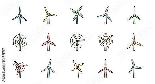 Illustrated collection of windmills with unique designs for energy and environmental concepts