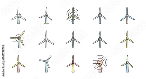 Illustrated collection of windmill icons representing renewable energy sources in a clean layout