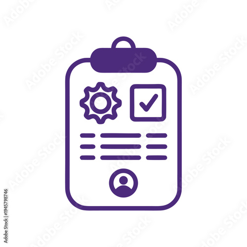 Purple clipboard with gear checkmark and user silhouette