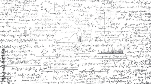 Handwritten scientific equations and graphs on a white background with a textured appearance science