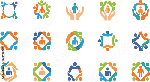 Community Support and Teamwork Icon Set Featuring People Collaboration, Social Care, Unity, Partnership, Group Connection, and Human Network Concepts for Organization and Charity Designs.