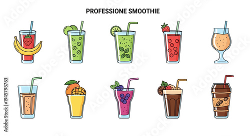 Illustrated depiction of assorted smoothies and beverages showcasing vibrant fruits and flavors