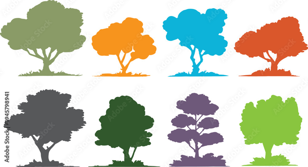 Obraz premium Eight stylized tree silhouettes in various colors including green orange blue red grey purple and lime
