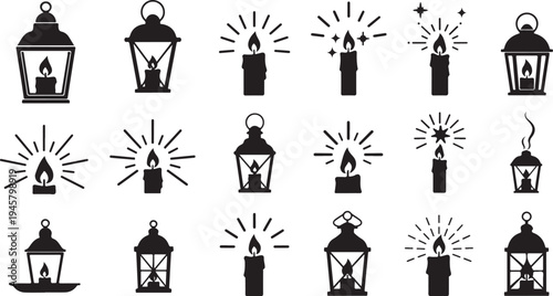 Black and white lanterns with candlelight illustrations set