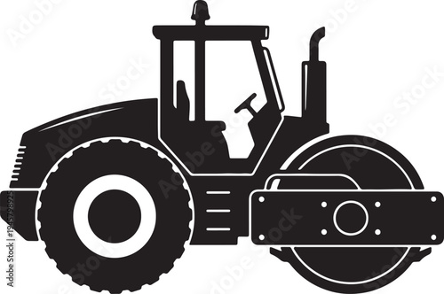 Black and white silhouette of a road roller construction vehicle also transparent background machinery