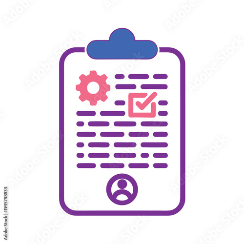 Purple clipboard with gear checkmark and user silhouette 1