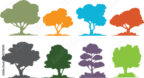 Eight stylized tree silhouettes in various colors including green orange blue red grey purple and lime