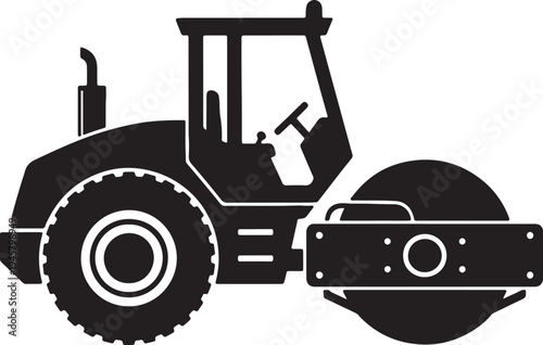 Black and white silhouette of a road roller steamroller on a white background also transparent background