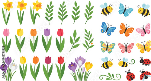 Spring flowers and insects collection including daffodils tulips crocuses bees butterflies ladybugs green leaves isolated vector set
