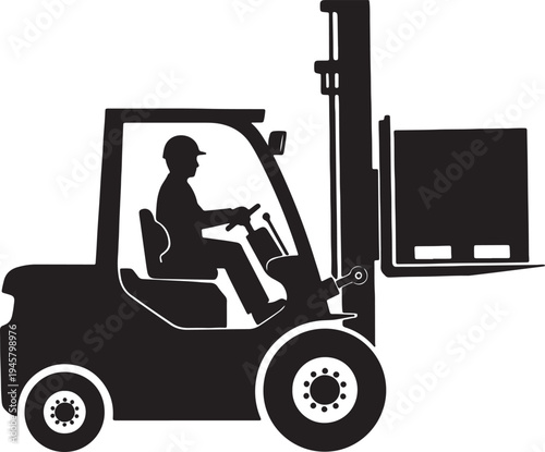 Black and white silhouette of a person operating a forklift lifting a crate also transparent background