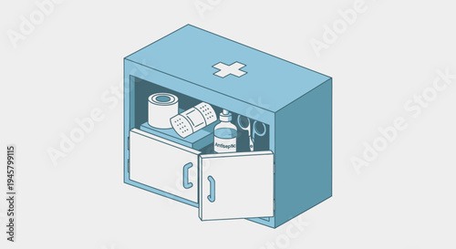Blue medical cabinet with first aid supplies inside.