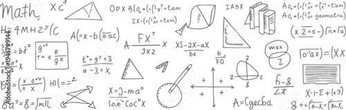 Hand drawn math equations and geometric shapes on a white background with the word math at the left mathematics
