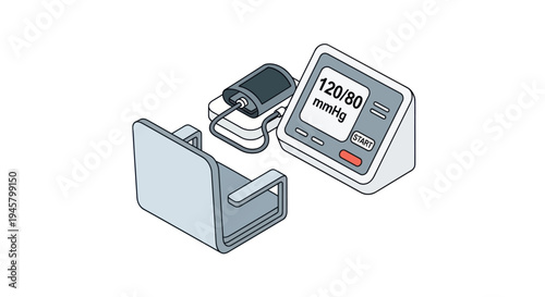 Digital Blood Pressure Monitor Device with Cuff and Display.