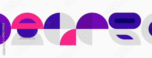 Abstract geometric shapes form colorful text. Circles, semicircles, rectangles overlap creating dynamic visual pattern. Modern design.