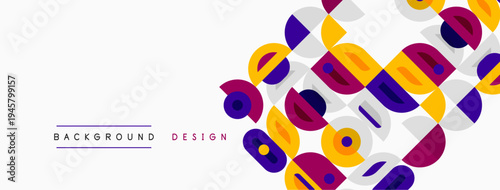 Abstract geometric pattern. Colorful squares, circles overlap creating dynamic visual effect. Minimalist design suitable backgrounds, presentations.