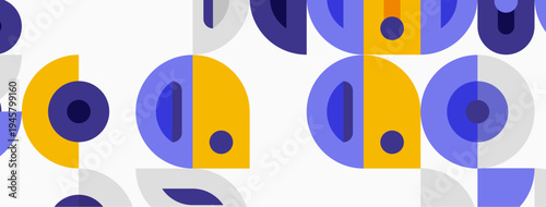 Geometric pattern features overlapping circles, squares. Yellow, purple hues dominate white background. Modern, minimalist design.