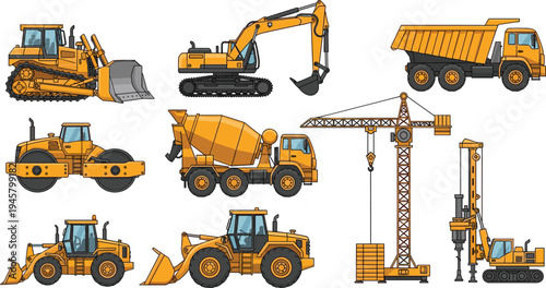 Construction Heavy Machinery Vector Set with Excavator Bulldozer Dump Truck Crane Concrete Mixer Roller and Loader Industrial Equipment Illustration