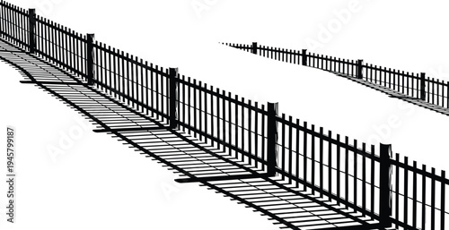 Metal fence silhouettes perspective set, security barrier with long shadow, outdoor boundary protection concept, iron railing structure, architectural fence illustration
