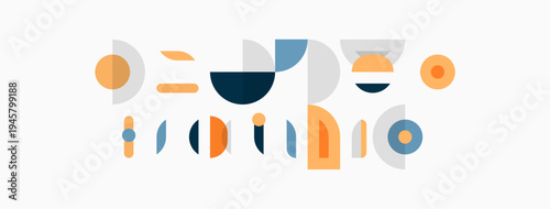 Abstract geometric shapes, muted colors, minimalist design. Composition features circles, rectangles, lines, curves. Modern aesthetic.