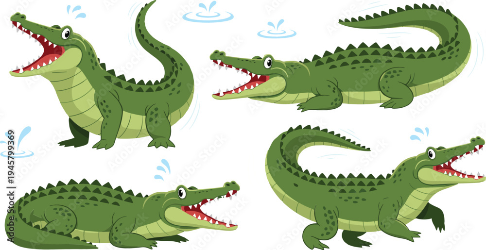 Fototapeta premium Cute Cartoon Crocodile Character Set Featuring Green Alligator Reptiles Swimming and Smiling for Wildlife, Safari, and Kids Animal Illustration