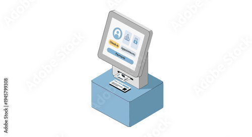 Isometric illustration of a modern computer kiosk with touchscreen interface.